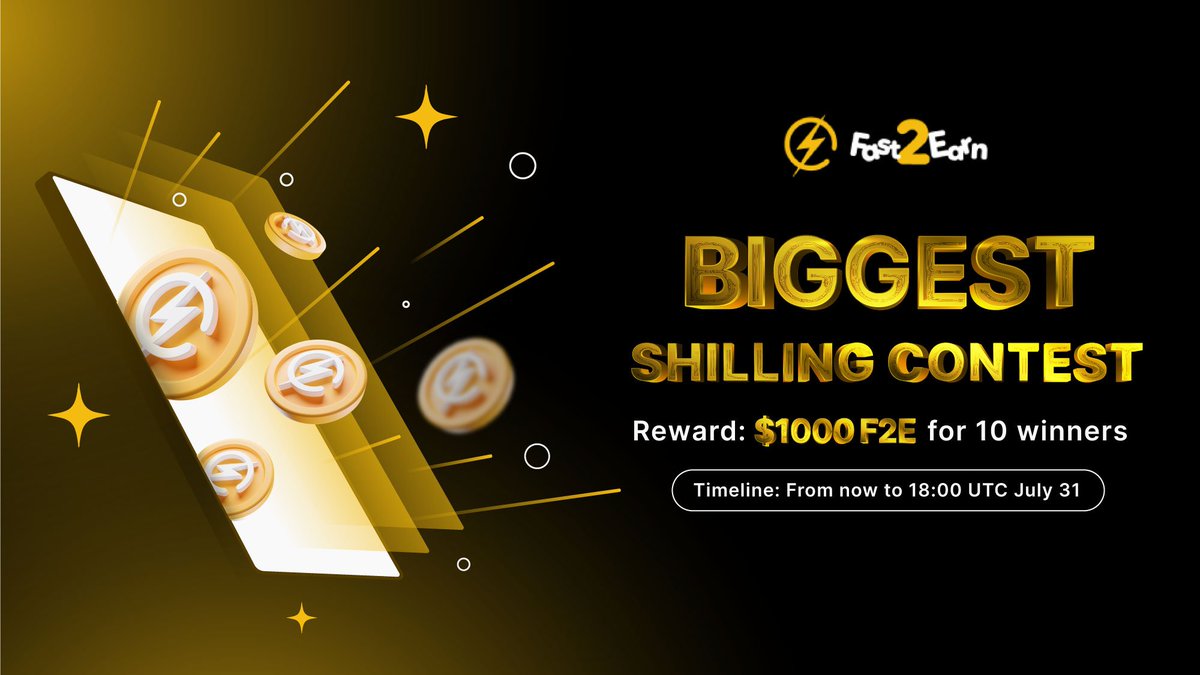 🥳 FAST TO EARN BIGGEST SHILLING CONTEST

✅ PRIZE:
🥇1st: 300$ F2E
🥈2nd: 250$ F2E
🥉3rd: 100$ F2E
🎖️ 4th - 10th: 50$ F2E 

➡️ Let’s RT, tag 3 friends &amp; join t.me/fast2earnshill… for the dissemination of participation content

#fast2earnapp