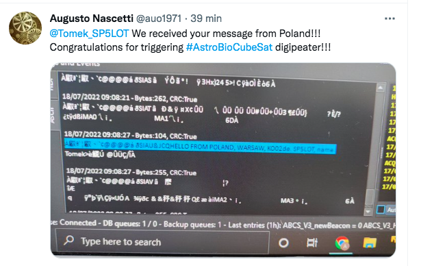Tomek_SP5LOT's tweet photo. I am very happy. My AX25 frame sent by the #AstroBioCubeSat satellite via the FTM300 transceiver was received during the last flight over Europe!
๐ก๐ฐ๏ธ๐ก https://t.co/2sf2VzcYZc