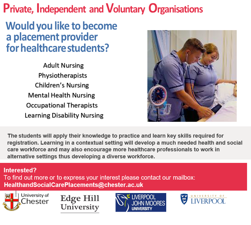 cpeppivonw's tweet photo. We are looking for student placements in the PIVO sector - if you are a health or social care setting and would like a chat please contact us on healthandsocialcareplacements@chester.ac.uk #AHP #OTs #physios #studentnurses https://t.co/QPCiwpfzCh
