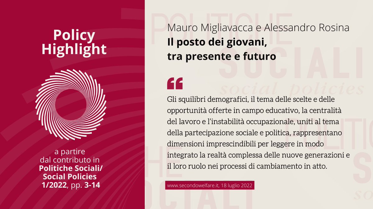 ⚡️Nuovo Policy Highlight ⚡️

A partire dal contributo per <a href="/PoliticheP/">Politiche Sociali/Social Policies</a> 1/2022, Mauro Migliavacca e <a href="/AleRosina68/">Alessandro Rosina</a> propongono su <a href="/Secondowelfare/">Secondo Welfare</a> quattro dimensioni per capire presente e futuro dei #giovani: demografia, lavoro, istruzione, partecipazione.
👇
secondowelfare.it/primo-welfare/…