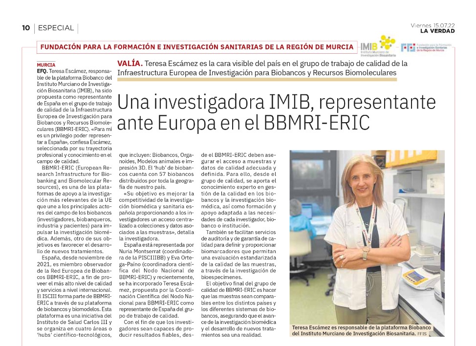 Estamos muy contentas y orgullosas de que nuestra coordinadora, Teresa Escámez, nos represente en el grupo de trabajo de calidad de la Infraestructura Europea de Investigación para Biobancos y Recursos Biomoleculares <a href="/BBMRIERIC/">BBMRI-ERIC</a>.

¡¡Enhorabuena Teresa!! 👏

#trabajandoporlacalidad
