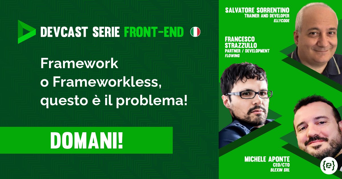 CodemotionIT's tweet image. #Framework o #Frameworkless? Questo è il dilemma! 🚨Ne parliamo domani nell&apos;ultimo #DevCast con @csharpnapoli, @TheStrazz86 e @apomic80. Scoprirai quando l’utilizzo di uno dei due approcci è più adatto ai requisiti del progetto! Registrati👉 live.codemotion.com/devcast/svilup… 
#FrontEnd