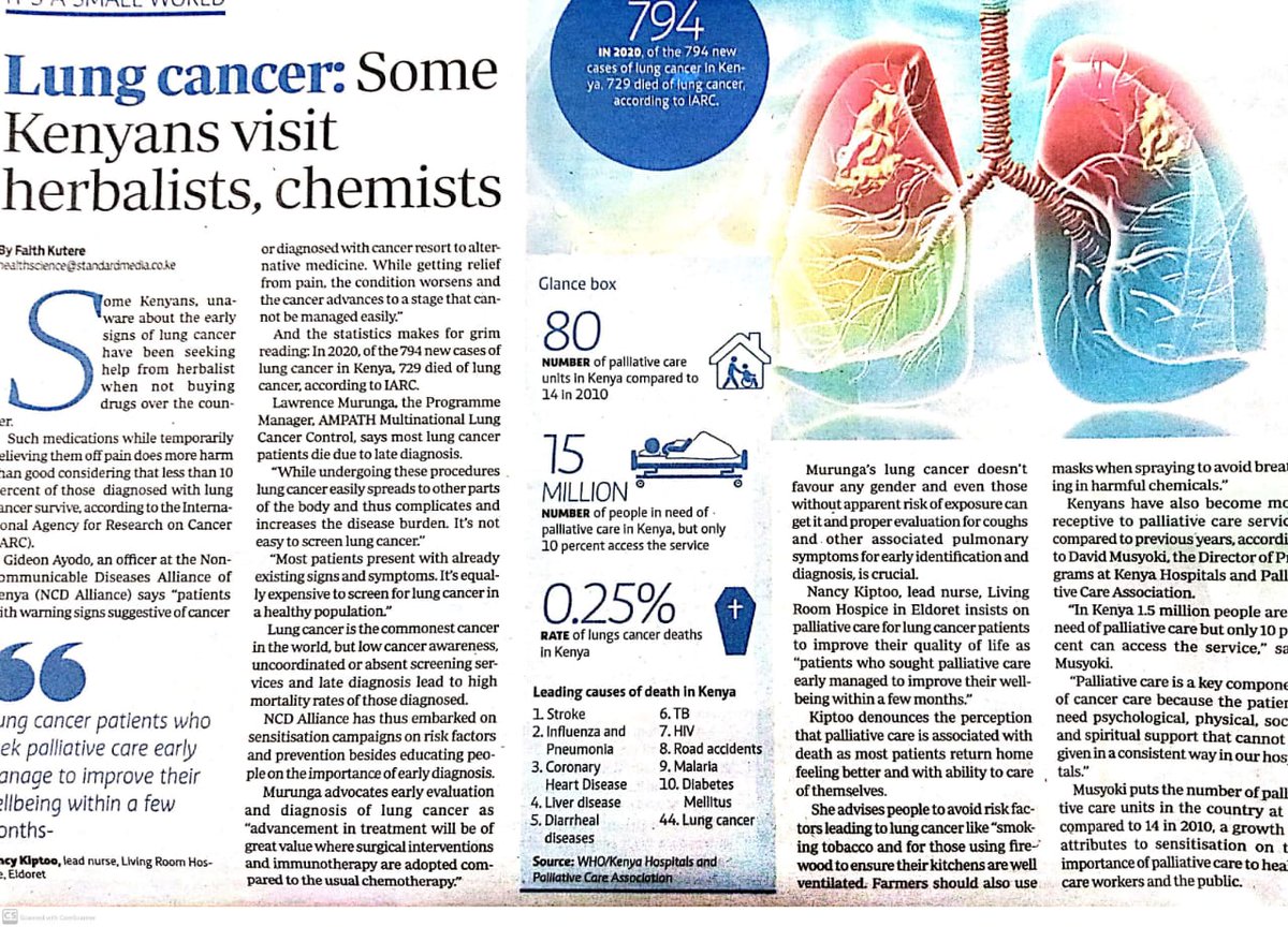 Barriers to accessing early diagnosis and treatment impact negatively on patients' quality of life. Lung cancer is the most common cause of cancer death &amp; can affect anyone. Take charge of your health &amp; get screened.#TuongeeNCDs