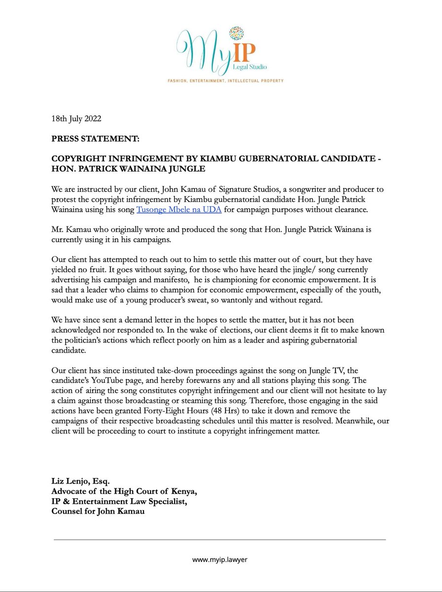 We've been instructed by our client John Kamau to protest the wanton use of his song by Kiambu Governor Candidate <a href="/wainainajungle/">Wainaina Wa Jungle</a> without clearance. Considering that his campaign premise is Economic Empowerment, how can he use a young person's sweat without acknowledging it?