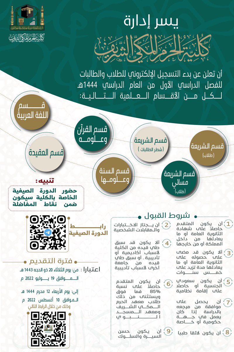 خبر | 

كلية الحرم المكي الشريف تفتح أبوابها للتسجيل في جميع أقسامها للطلاب وقسم الشريعة في شطر الطالبات عبر الرابط التالي: 

#كلية_الحرم_المكي_الشريف

forms.gle/pr2wgjxtWzwTri…