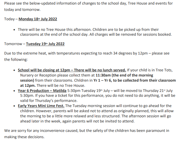 limetreepa's tweet photo. **IMPORTANT Information - Updates for today and tomorrow
A ParentMail has been sent to all parents and carers this morning. https://t.co/aNN6O7Rvtd