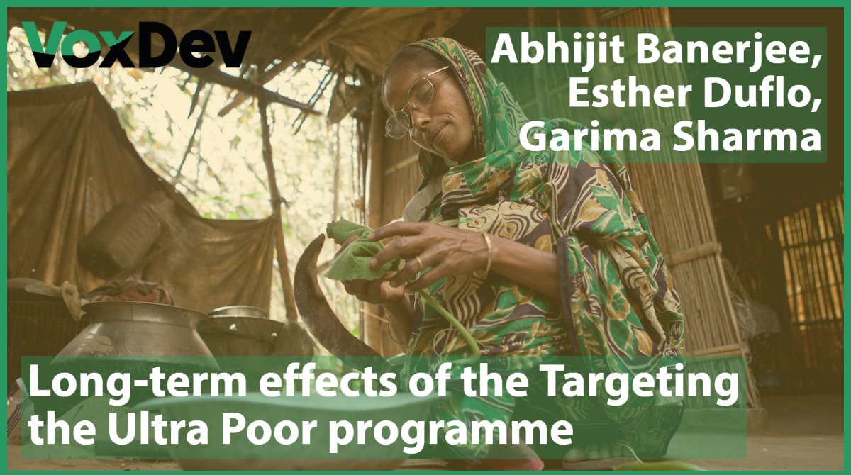 vox_dev's tweet image. Long-term effects of the Targeting the Ultra Poor programme
➡️ ow.ly/jCyq50JaWog

Abhijit Banerjee, Esther Duflo &amp;amp; Garima Sharma @MITEcon @MIT
#VoxDevTalks with @timsvengali