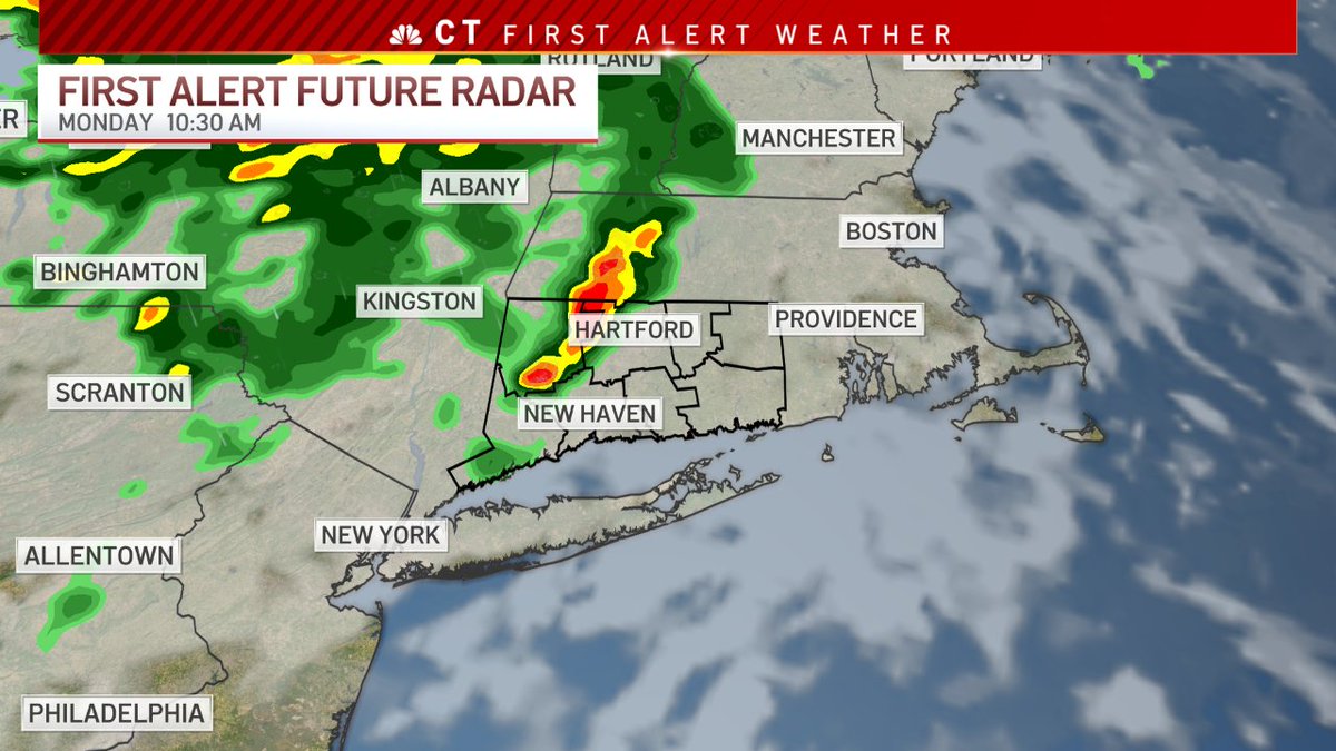 bobmaxon's tweet photo. Here is a look at the storm potential for today. On and off showers and thunderstorms are likely and the round of storms later this afternoon could produce property damage with high winds or even a tornado.  BE WEATHER AWARE today for STRONG STORMS.  #NBCCT  #FirstAlertCT https://t.co/w7FFxqfuxT