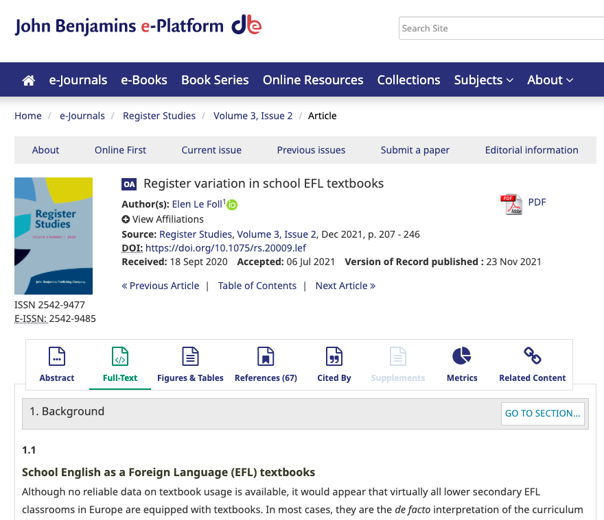 Thanks to being awarded <a href="/UniOsnabrueck/">Uni Osnabrück</a>'s 2021 #OpenAccess prize, my first-ever journal article is now available #OpenAccess! 🥳 If you're interested in my #PhD research on Textbook English, this paper reports on selected results from Ch. 6 of my thesis: jbe-platform.com/docserver/full… 📚