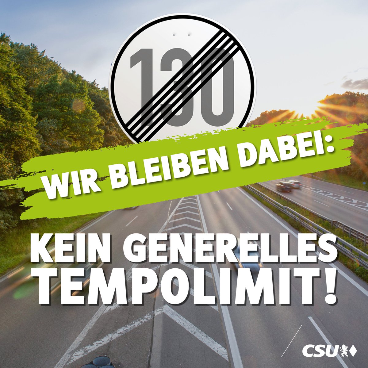 CSU's tweet photo. 🚙 Für uns ist klar: Jeder soll eigenverantwortlich entscheiden, langsamer zu fahren oder auf öffentliche #Verkehrsmittel umzusteigen, um Sprit zu sparen. 
Wir bleiben dabei ❗️ Kein generelles (oder befristetes) #Tempolimit auf deutschen #Autobahn|en. https://t.co/9KWreaZs4b