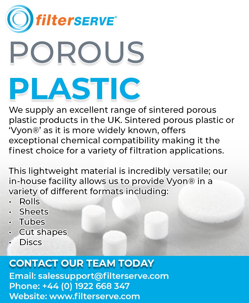 filterserve's tweet photo. We supply an excellent range of #sintered porous plastic products in the #UK. Sintered #porous #plastic or ‘#Vyon®’ as it is more widely known, offers exceptional #chemical compatibility making it the finest choice for a variety of #filtration #applications. 
#hepa #filters #wolv https://t.co/pRfCEPfpW6