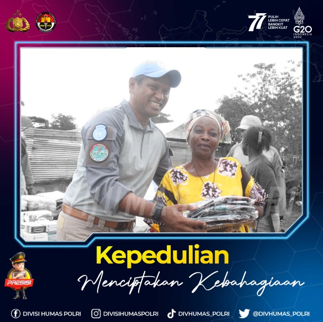 HUMASPOLRESEND4's tweet photo. Kepedulian Menciptakan Kebahagiaan

Tak hanya di dalam negeri, Polri yang menjalankan misi perdamaian dunia juga berbagi kasih kepada masyarakat di wilayah penugasan sebagai wujud kepedulian terhadap sesama.

#HumanisSigapMelayani
Tumbuh Harapan Kepedulian https://t.co/hKHaUoaeVs
