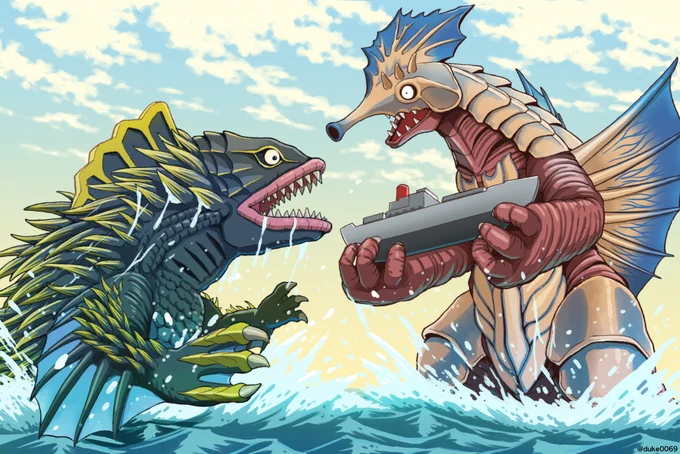 今日は #海の日 なので昔描いた海関連のウルトラ怪獣の絵を。「カカオを積んだ船をキングゲスラにプレゼントするマジャッパ」 