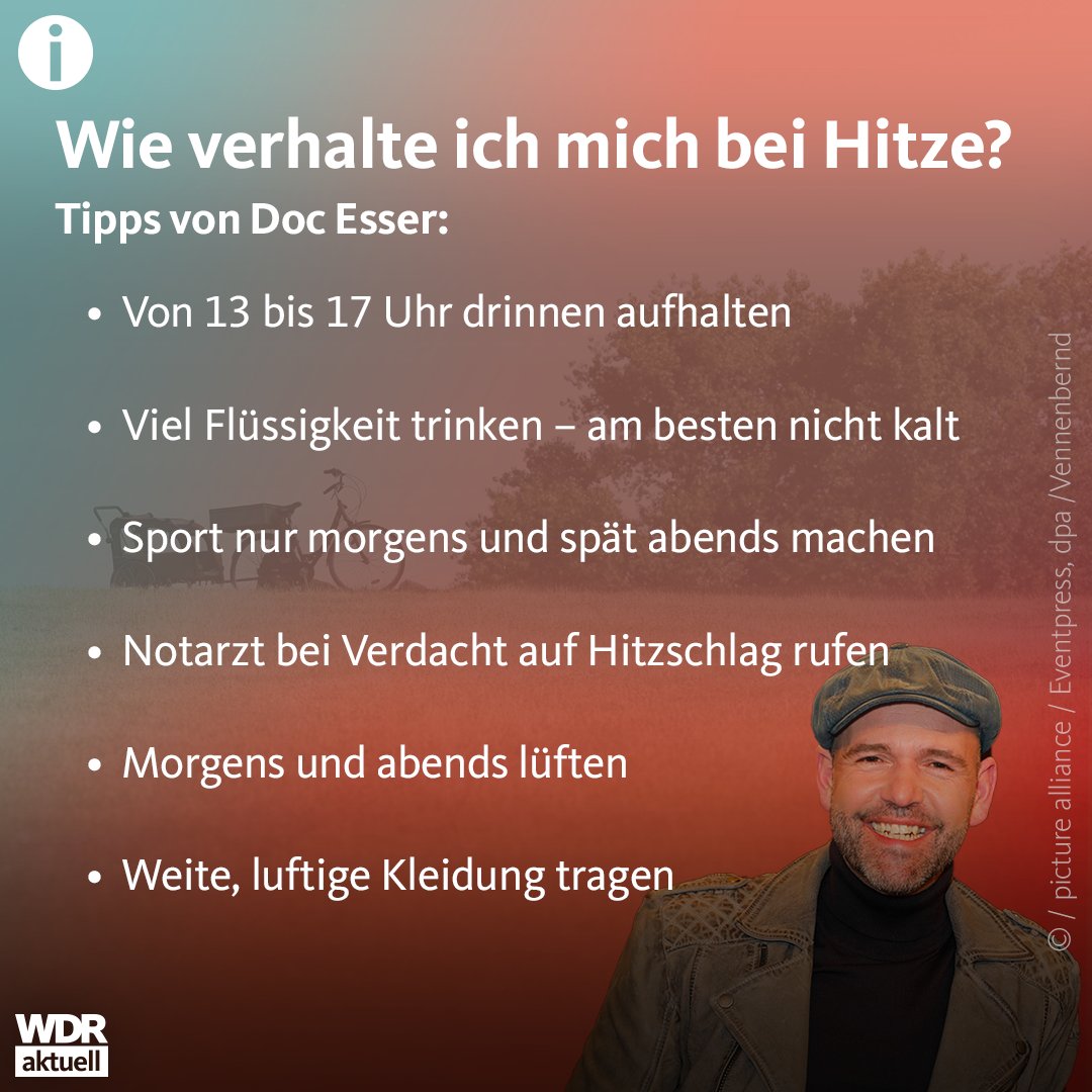 WDRaktuell's tweet photo. „Wir sollten dieses Wetter genießen. Wir müssen uns nur ein bisschen anpassen“, sagt Dr. med. Heinz-Wilhelm Esser alias #DocEsser im WDR5 Morgenecho. So kommt man mit der #Hitzewelle besser klar: https://t.co/2fo9CX5QtN https://t.co/sF5AIJv9z6