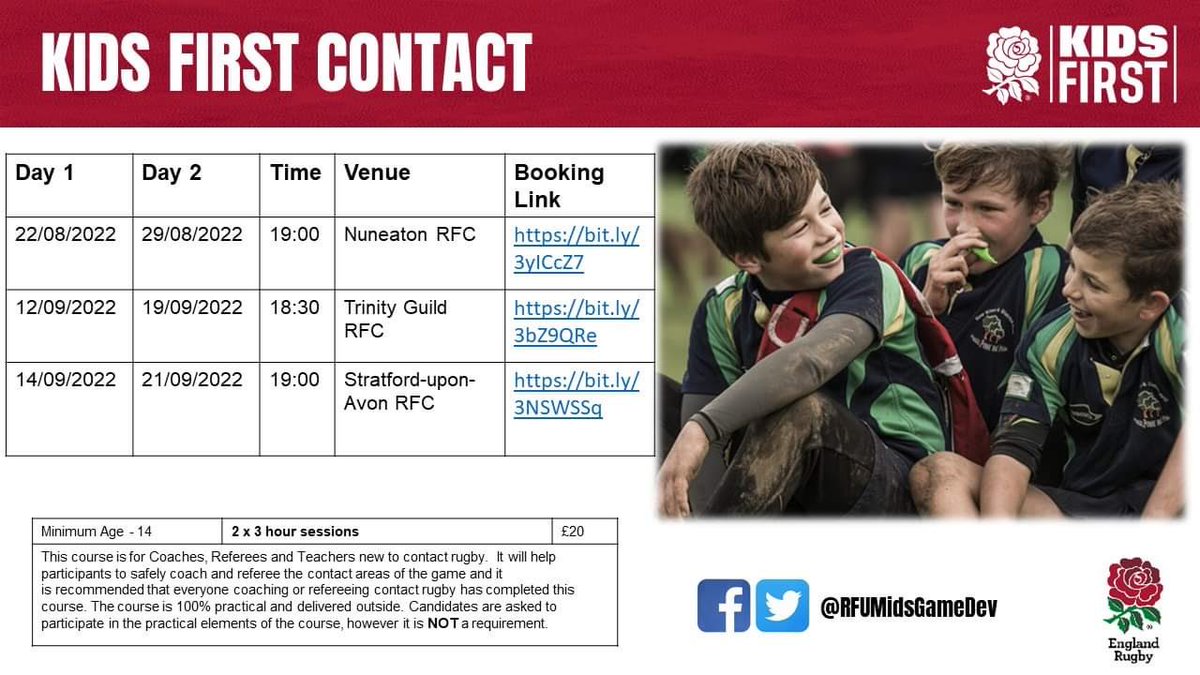 ‼️Warwickshire &amp; Coventry‼️

Coaches, referees &amp; volunteers, here are the <a href="/QKidsFirst/">Kids First Rugby</a> Tag &amp; Contact courses coming to clubs near you this August &amp; September 🏉

gms.rfu.com/GMS/coursefind…