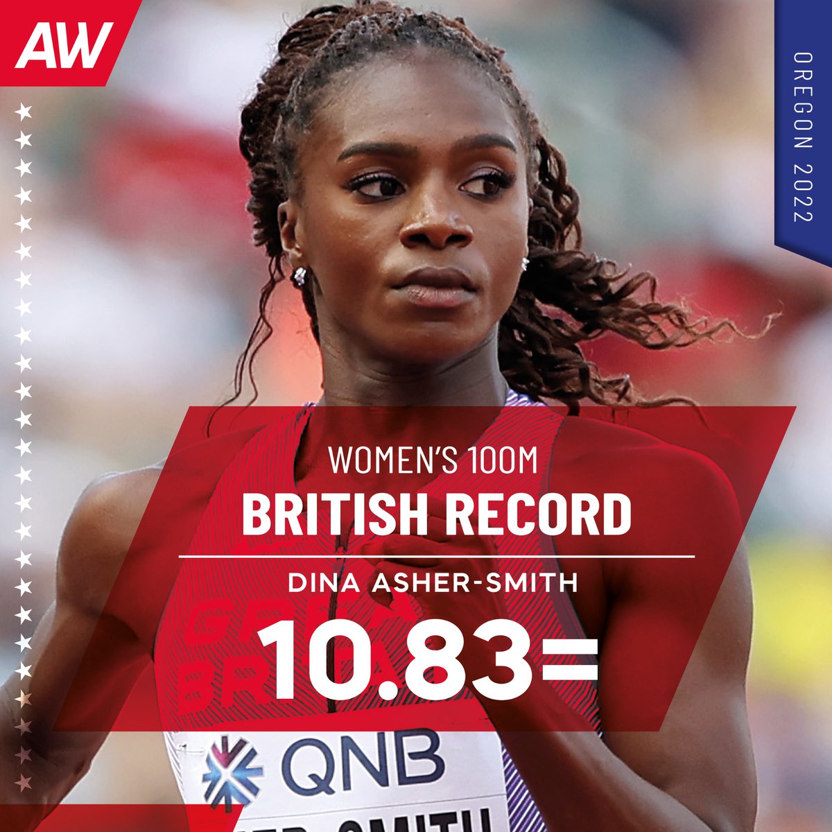 AthleticsWeekly's tweet photo. BRITISH RECORD 

So so close for @dinaashersmith last night as she finished fourth in the 100m final, equalling her British record of 10.83 in the process. 

That time was enough to win silver in Doha but the world 200m champion had to settle for fourth in a crazy quick race. https://t.co/5BHfpCupuI