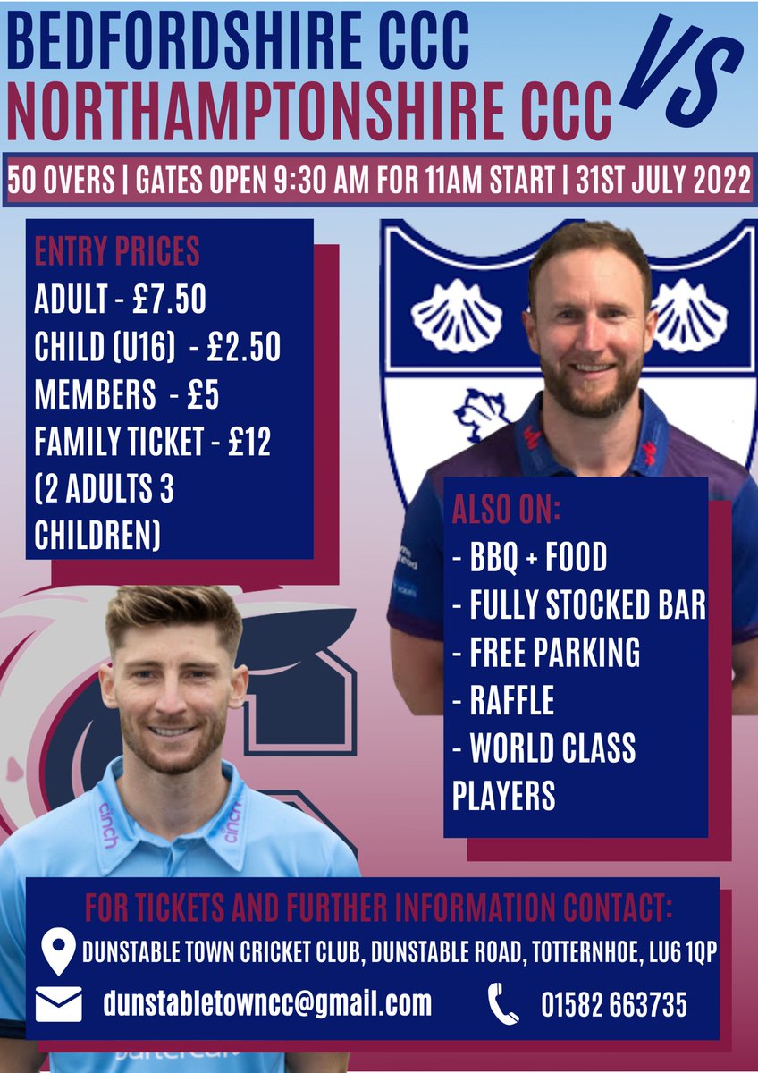 Bedfordshire CCC (@bedfordshireccc) on Twitter photo Tickets are now available for our showcase game ๐โฆ<a href="/NorthantsCCC/">Northamptonshire CCC</a>โฉ
โฆ<a href="/DunstableTownCC/">Dunstable Town Cricket Club</a>โฉ on Sunday 31st July. These can be purchased via the Northants website
northantscrickettickets.com/select_seats.aโฆ Tickets are now available for our showcase game ๐โฆ<a href="/NorthantsCCC/">Northamptonshire CCC</a>โฉ
โฆ<a href="/DunstableTownCC/">Dunstable Town Cricket Club</a>โฉ on Sunday 31st July. These can be purchased via the Northants website
northantscrickettickets.com/select_seats.aโฆ