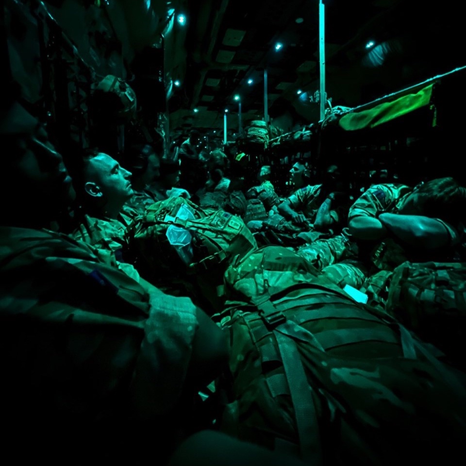 The Queen's Company main body have landed in Iraq ready to start enhancing the training of the Iraqi Security forces. In order to get some much-needed shut-eye on the C130 aircraft, they had to rely the infantry skill of being able to sleep anywhere.