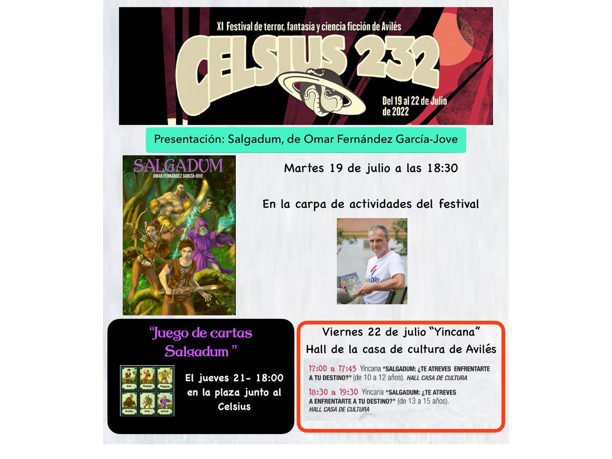 Por fin ha llegado el gran día. MAÑANA 19 julio se cumple un gran sueño. Estaré en el Celsius de Avilés gracias a Salgadum. Habrá presentación de la novela. Además,  juego de cartas y yincana. Increíbles momentos los que me está regalando <a href="/Salgadum/">salgadum @omarfgj</a> #nosvemos en <a href="/festivalcelsius/">Celsius 232</a>