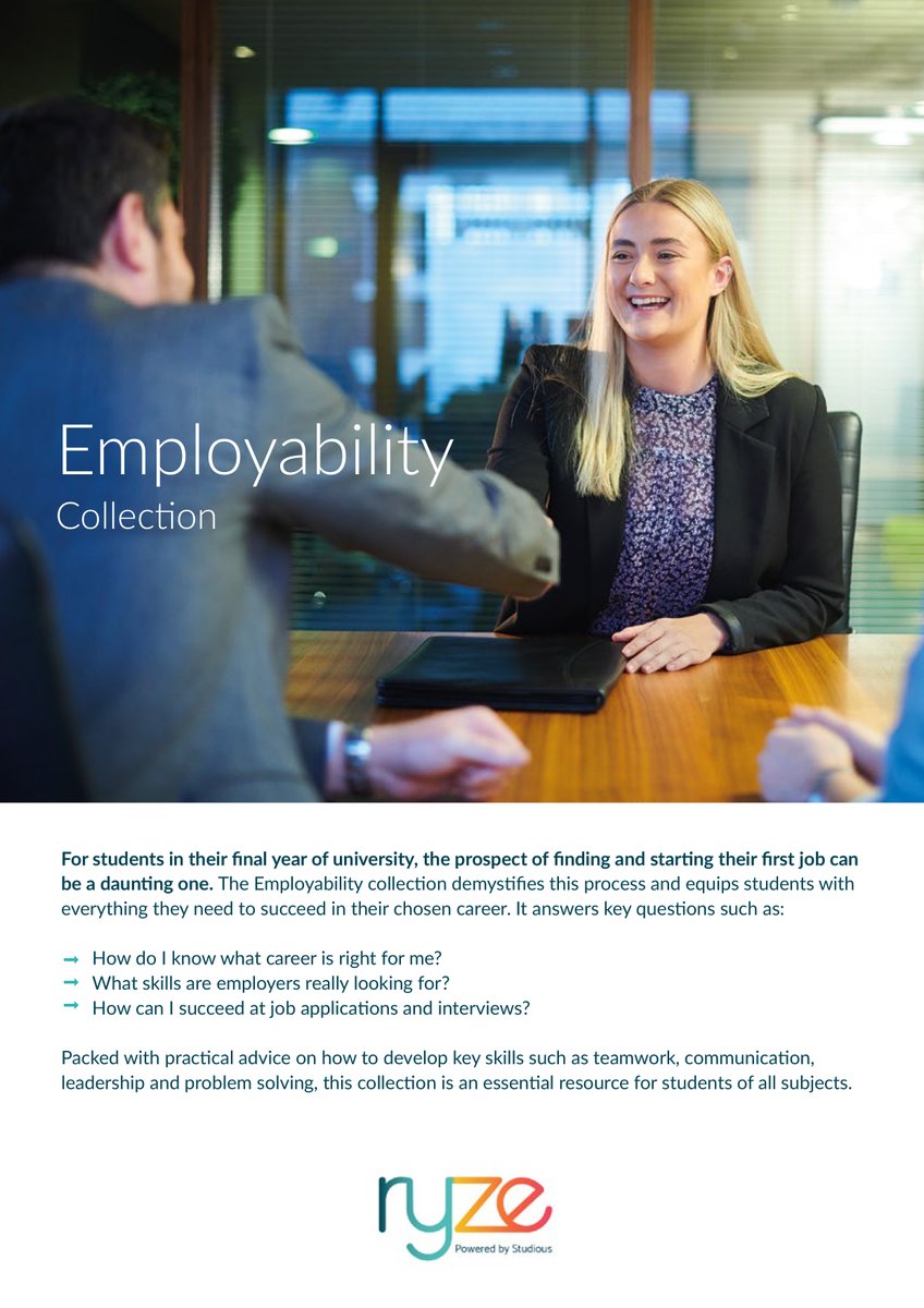 Employability is a fundamental goal of university education. Our collection, hosted on the cutting-edge educational Ryze app, helps your students develop the skills employers want. 
Get in touch today at partnerships@studious.org.uk