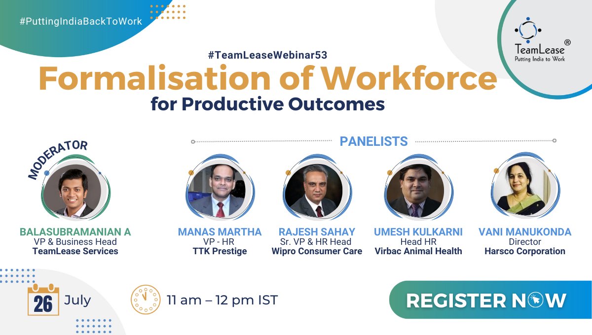 TeamLease's tweet photo. Join the #TeamLeaseWebinar with industry experts to understand how driving Formalisation of Workforce leads to Productive Outcomes!
When: Tuesday, 26th July @ 11:00 AM, IST.
Register Now: https://t.co/n5uta7D0Nb
#FormalisationOfWorkforce #Productivity #WorkforceFormalisation https://t.co/bMVOfN5ZOn