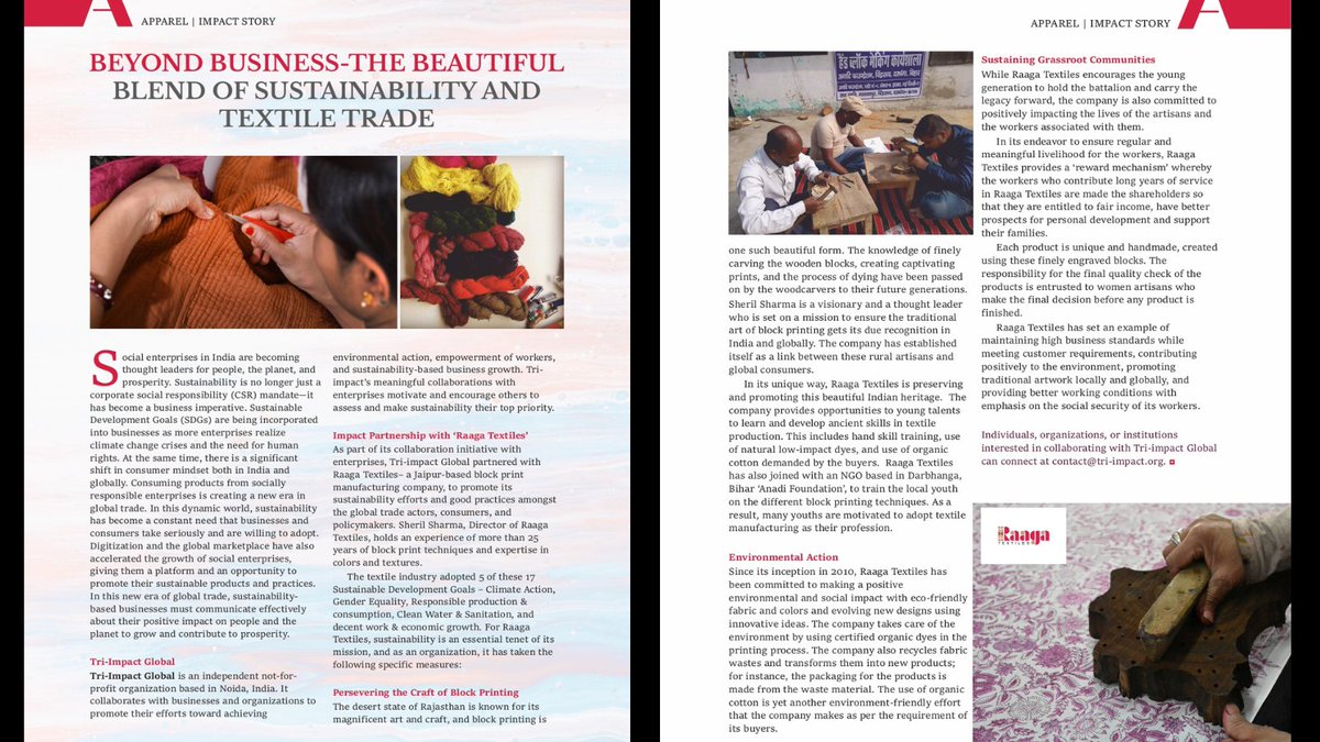 TriImpact's tweet photo. We are excited to share that the July edition of ‘Apparel India’ Magazine of #AEPC covered a Tri-Impact story by Tri-Impact Global, highlighting the beautiful blend of sustainability and textile trade. Here is the link to the Tri-Impact story: https://t.co/gbcsE8w73k https://t.co/GYsnOqS4eC