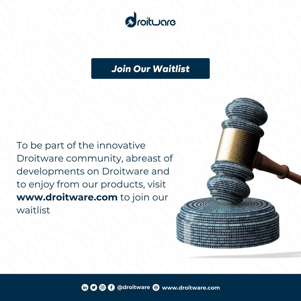 droitware's tweet photo. Droitware is here to stay, innovate and solve. Stay in touch and watch this space.
#legaltech #judicialtech #technology #startup.
Join our waitlist at https://t.co/xT9GcWqfDS https://t.co/DudmgAFGvn