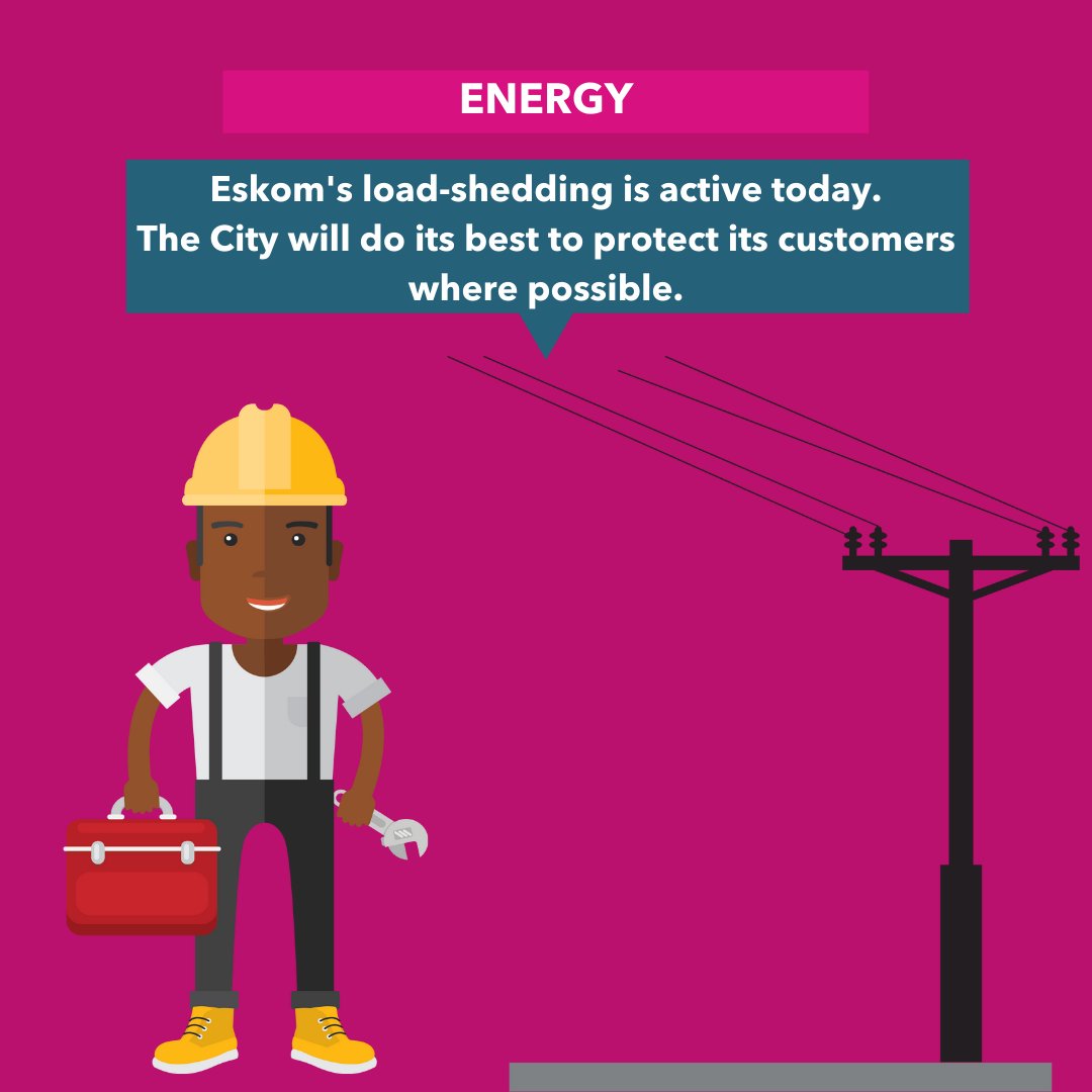 ⚡️Load-shedding update 18 July 

City customers 
18 July
Stage 0 (no load-shedding): 16:00 - 17:00
Stage 1: 17:00 - 19:00

No load-shedding: 19:00 - 16:00 tomorrow, 19 July

Updates to follow, subject to Eskom. 

Reduce usage.
Switch off: Avoid damage and tripping 

#CTInfo
