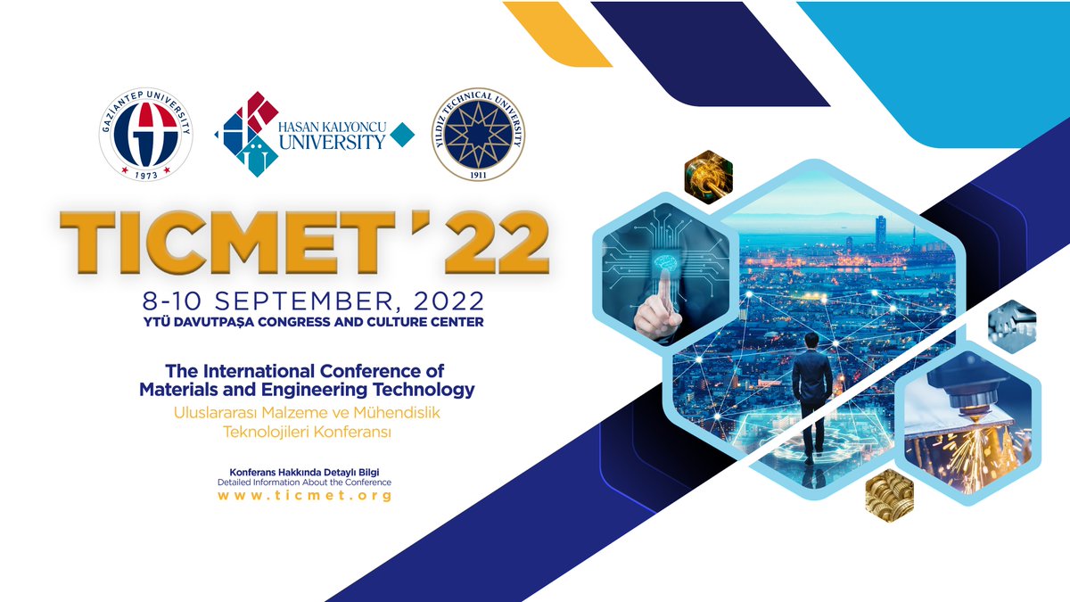 .<a href="/hkunv/">Hasan Kalyoncu Üniv</a>, <a href="/YildizEdu/">Yıldız Teknik Üniversitesi</a> ve <a href="/gaziantepuniv/">Gaziantep Üniversitesi</a> işbirliğinde yapılacak;

4. Uluslararası Malzeme ve Mühendislik Teknolojileri Konferansı

(TICMET’22),⚙️🗜️
için önemli tarihler:

🗓️12 Ağustos(Erken Kayıt)
🗓️12 Ağustos(Tam Metin)
🗓️6 Eylül(Son Kayıt) 

Detaylar için: ticmet.org