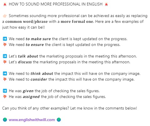 EnglishwithWill's tweet photo. 🚨 HOW TO SOUND MORE PROFESSIONAL IN ENGLISH 🚨

🌍 https://t.co/per0TTC8oH 🌍

#businessenglish #businessenglishcoach #formalenglish #learnenglish #learnenglishonline https://t.co/nD0nWbuQuP