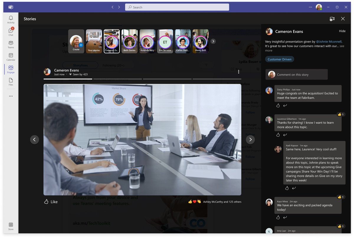 tomwarren's tweet photo. Microsoft Teams is getting its own Facebook-like social network. It looks like a clone of Facebook, and even includes Instagram-like Stories. Details here: https://t.co/SEPIJXJNHb https://t.co/OiQXnlqiem