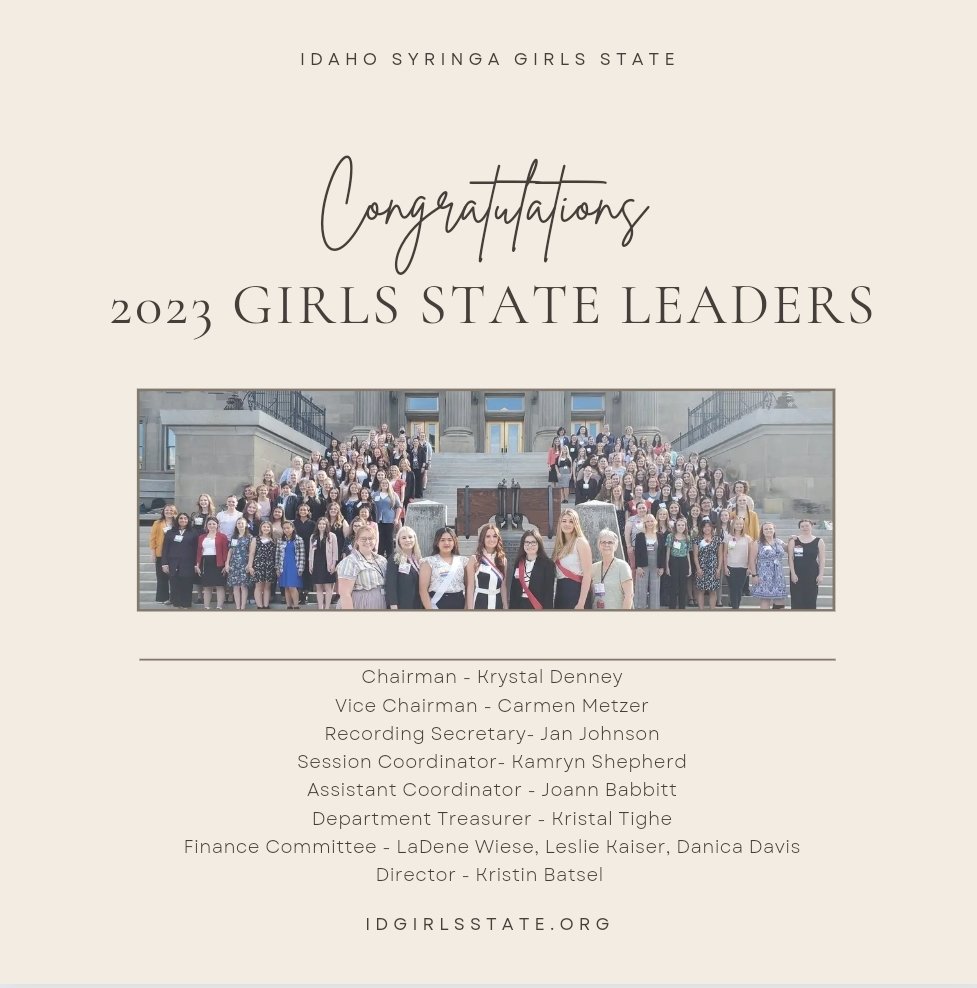 IDGirlsState's tweet photo. The American Legion Auxiliary Department of Idaho held their summer convention this weekend and picked the 2023 Girls State leadership. We can't wait to see what they have planned! https://t.co/0iOVmAd6HP