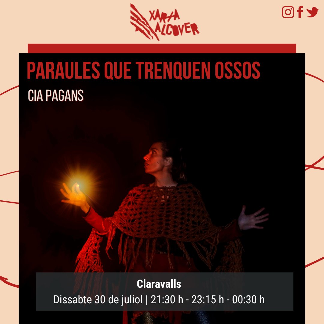 🎭 PARAULES QUE TRENQUEN OSSOS de @ciapagans està aquest dissabte 23 de juliol als boscos de Claravalls amb dues funcions nocturnes: 

🔸a les 21:30 h
🔸a les 23:15 h
🔸a les 00:30 h

#xarxaalcover #claravalls #paraulesquetrenquenossos