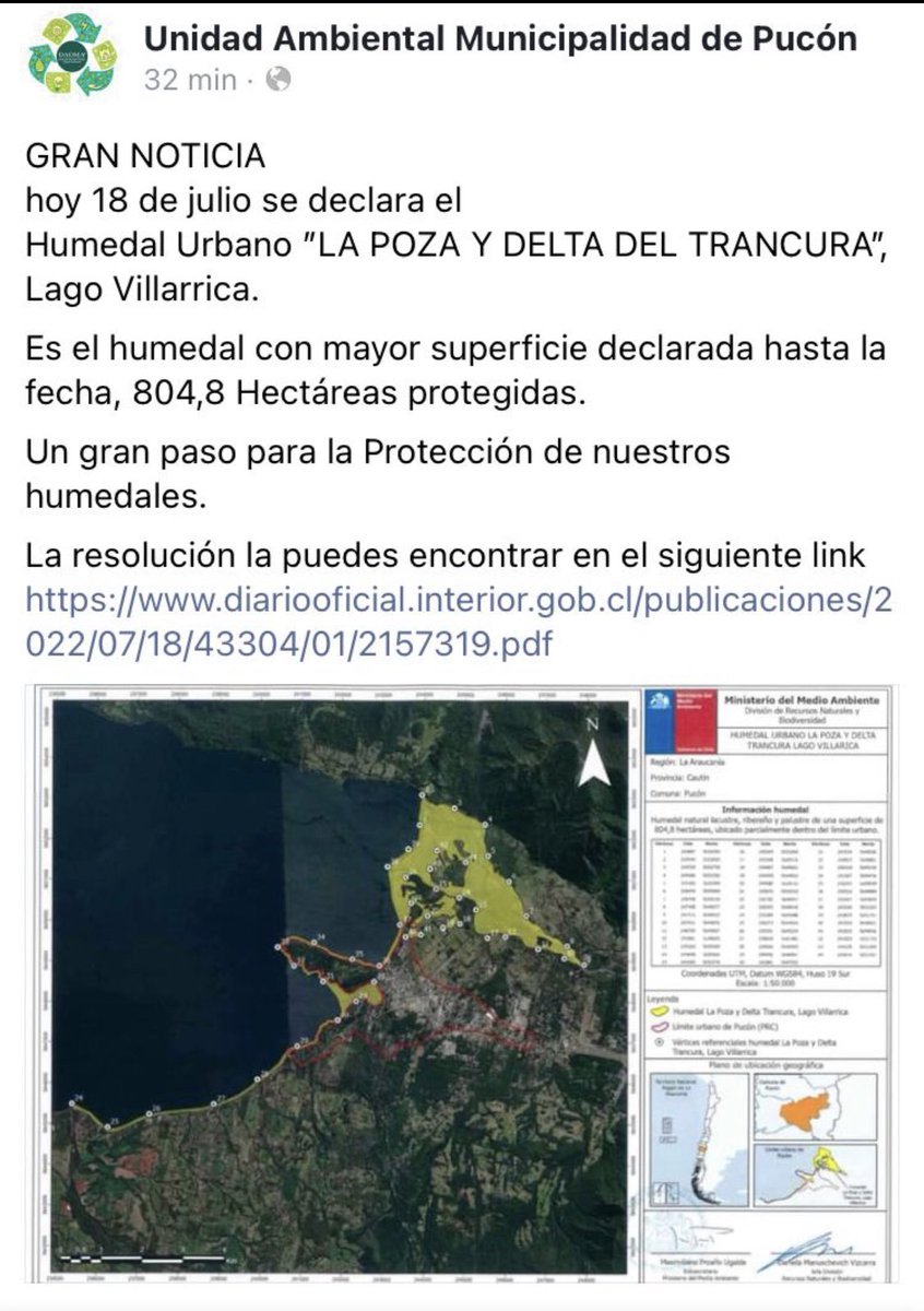 ppinaud6's tweet photo. GRAN NOTICIA PARA PUCÓN 
hoy 18 de julio se declara el
Humedal Urbano ”LA POZA Y DELTA DEL TRANCURA”, Lago Villarrica. 

Es el humedal con mayor superficie declarada hasta la fecha, 804,8 Hectáreas protegidas. 

Un gran paso para la Protección de nuestros humedales. https://t.co/eZxuah2GDv