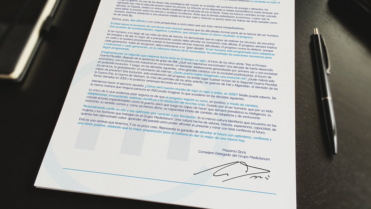 BancoMediolanum's tweet photo. ✍ La carta de Massimo Doris, Consejero Delegado del Grupo #Mediolanum, dirigida a los #ahorradores e #inversores para dar su visión sobre el escenario económico actual.
🔗Aquí podéis leerla entera: https://t.co/swFha3g2L0
#SiempreATuLado #Razoptimismo https://t.co/3wlZPzEh9Y