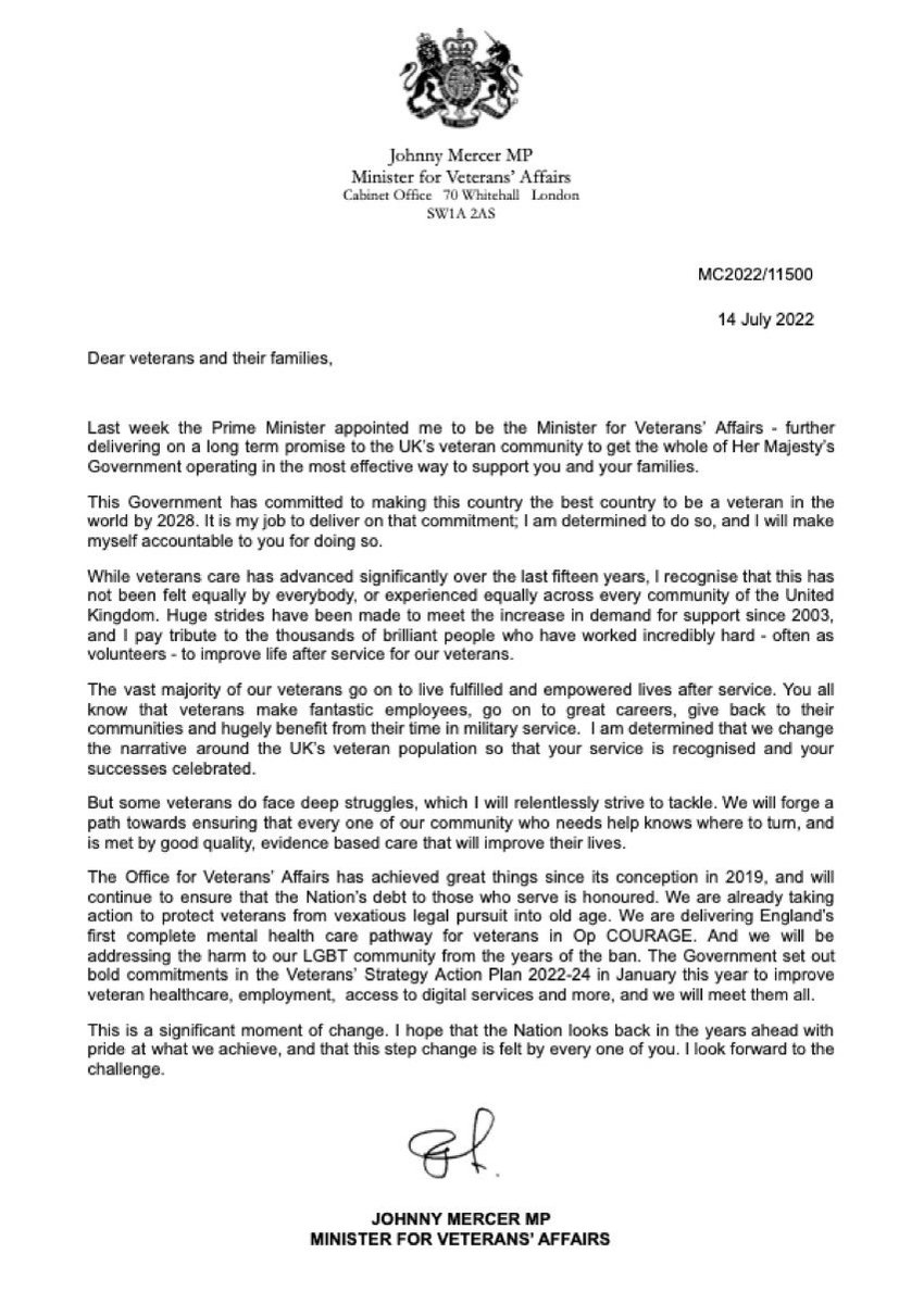 Johnny Mercer (@johnnymerceruk) on Twitter photo Veteran’s Minister in the Cabinet is a significant moment of change which now leaves little excuse for the U.K. not becoming the best place in the world to be a veteran. Huge progress has been made, but I’m aware that is not felt by everyone. My letter to veterans and families 👇 Veteran’s Minister in the Cabinet is a significant moment of change which now leaves little excuse for the U.K. not becoming the best place in the world to be a veteran. Huge progress has been made, but I’m aware that is not felt by everyone. My letter to veterans and families 👇