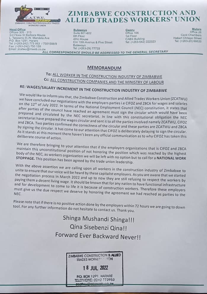 ZCTU - Zimbabwe (@zctuzimbabwe) on Twitter photo Our affiliate <a href="/zcatwu/">ZCATWU</a> organising a national strike in the construction industry. Employers reneging on paying NEC agreed wage of USD200, current @ ZWL41127-00 a month. In 72hrs critical construction projects to stall
<a href="/cifozim/">Cifoz</a>
@OMpslsw
<a href="/InfoMinZW/">Ministry of Information, Publicity & Broadcasting</a>
<a href="/ituc/">ITUC</a>
<a href="/BWI_Airport/">BWI Marshall Airport</a>
<a href="/263Chat/">263Chat.com 🇿🇼</a> Our affiliate <a href="/zcatwu/">ZCATWU</a> organising a national strike in the construction industry. Employers reneging on paying NEC agreed wage of USD200, current @ ZWL41127-00 a month. In 72hrs critical construction projects to stall
<a href="/cifozim/">Cifoz</a>
@OMpslsw
<a href="/InfoMinZW/">Ministry of Information, Publicity & Broadcasting</a>
<a href="/ituc/">ITUC</a>
<a href="/BWI_Airport/">BWI Marshall Airport</a>
<a href="/263Chat/">263Chat.com 🇿🇼</a>