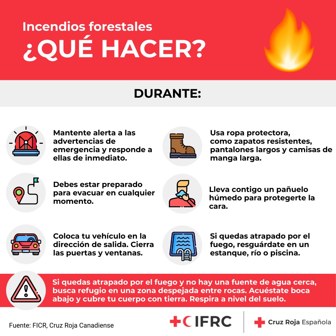 CruzRojaEsp's tweet photo. [#Prevención]🔥

¿Sabes cómo actuar en caso de #incendio? 

Sigue estas pautas antes, durante y después.