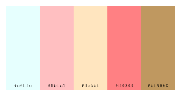 ColPaletteBot's tweet photo. Beep beep, here's a pretty color palette for you!
color-scheme.js parameters used:
- hue: 209
- variation: light
- colors: #e6fffe, #ffbfc1, #ffe5bf, #ff8083, #bf9860
Have a lovely day!
#twitterbot #colorpalette #colors #palette #prettycolors https://t.co/3mzjQ7ktFd