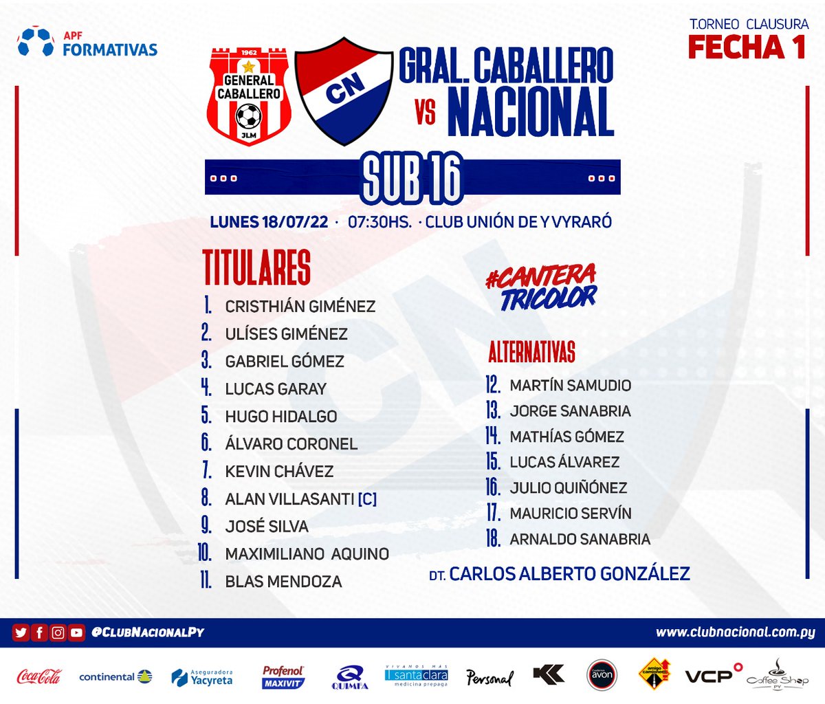 CanteradelTrico's tweet photo. #catSub16 | Este es el 11 inicial de la #CanteraTricolor frente a Gral. Caballero JLM por la Fecha 1οΈβ£ del Torneo
#Clausura2022 β½οΈππ»ββοΈ
#VamosLaAcademia π΄βͺοΈπ΅ https://t.co/CkpXE74dlo