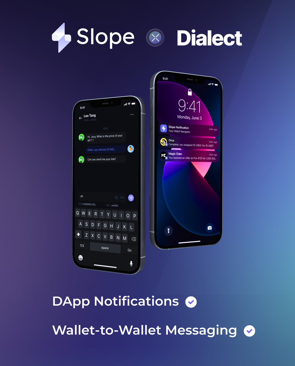 slope_finance's tweet photo. Ecstatic to announce the first wave of our #web3 ‘social’ vision, with the launch of wallet-to-wallet messaging &amp; push notifications, built with the @saydialect standard! 💬

Download &amp; try it out here: https://t.co/iHxsBeScK2

Tutorial videos &amp; feature extensions coming soon! ✅ https://t.co/pWYzBwI5m5