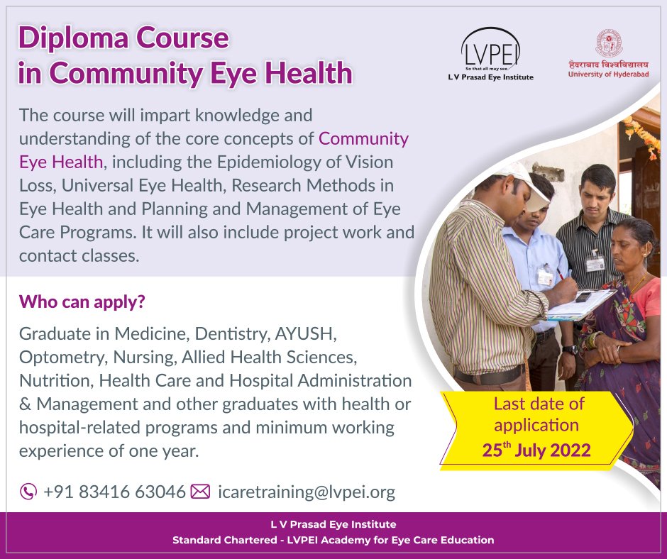 lvprasadeye's tweet photo. 👉 Last date of application for Diploma Course in #CommunityEyeHealth is now extended to 𝟐𝟓𝐭𝐡 𝐉𝐮𝐥𝐲 𝟐𝟎𝟐𝟐.

Hurry up❗
Apply: https://t.co/ObqkB0AQ9t

📧icaretraining@lvpei.org

#LVPEI #UniversalEyeHealth #EyeHealthResearch #Community #CommunityResearch #PublicHealth https://t.co/FlN3J04cso