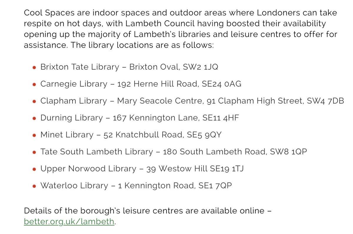 Jim4Dartford's tweet photo. Important to let residents know that @lambeth_council has set up a series of Cool Spaces around the borough for anyone who may be at risk in the heat. 

Let’s #BeatTheHeat:
🚰 drink lots
🧢dress appropriately
😎 stay cool &amp; out of the sun
🤗 help other

Spaces are here👇 https://t.co/yypRaBHB7F