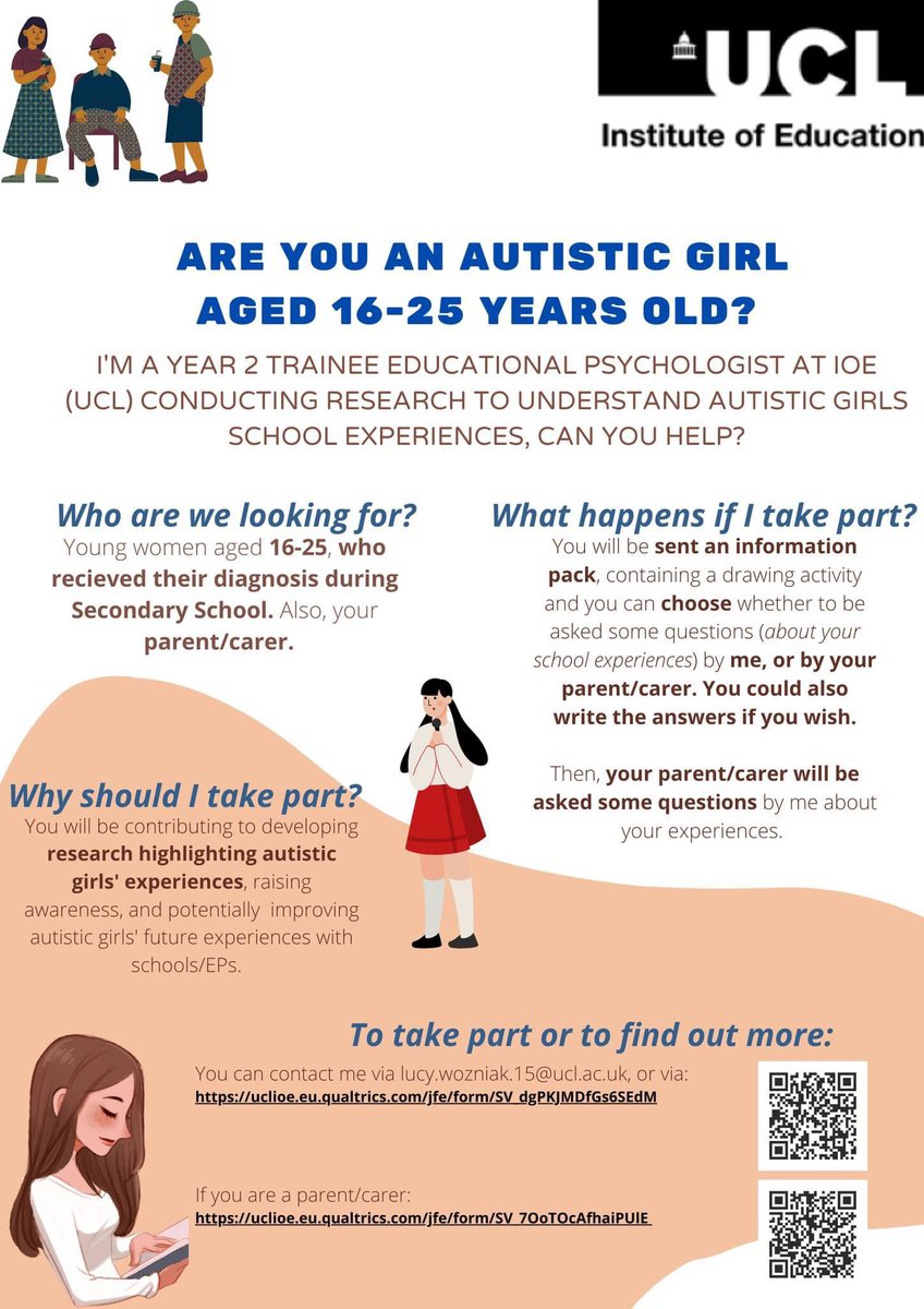 lucycolatparros's tweet image. Parents/Carers/Autistic Girls 📣 I am conducting research looking at autistic girls 👧 school 🏫 &amp;amp; diagnosis experiences 💫 Please contact me/click on the links below
Parents/Carers:uclioe.eu.qualtrics.com/jfe/form/SV_7O…. Girls:uclioe.eu.qualtrics.com/jfe/form/SV_dg…
Pls share🚀