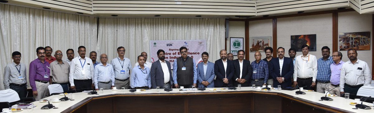 STPIVizag's tweet photo. Signing and Exchange of MoU between Shri. @CMD_RINL , Shri. @ramprasad_cvd Director @STPIHyderabad and Shri. @s_subodh Director, @stpinext for setting up of KALPATARU COE on Industry 4.0 at @RINL_VSP #STPIINIDA @stpiindia @arvindtw https://t.co/fHHsIepWzN