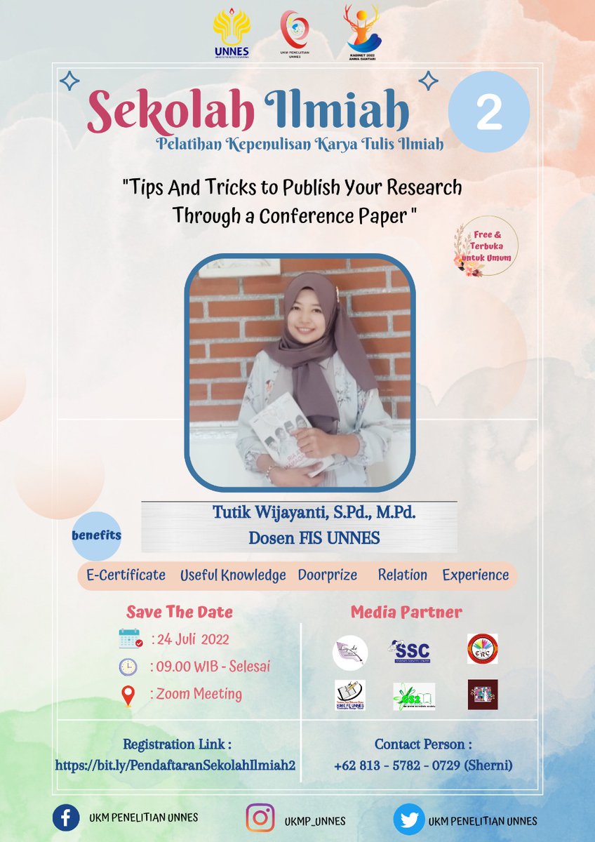 ukmp_unnes's tweet photo. 🚀 *SEKOLAH ILMIAH PART 2* 🚀
Hallo, Sobat Ilmiah!
 We are back!✨

Science and Training Departement UKM Penelitian UNNES kembali hadir dengan acara webinar edukatif!

🖇️ Link Pendaftaran
https://t.co/L2d3lib4jc https://t.co/L8NkPLROXJ