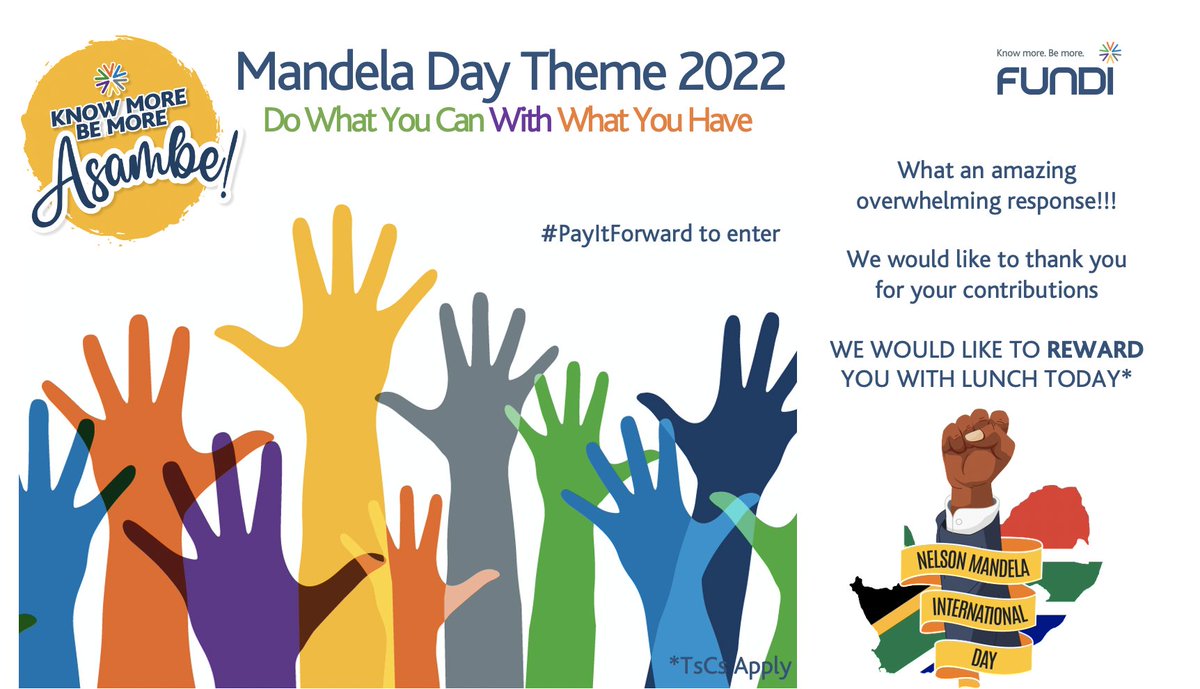 Official_FUNDI's tweet photo. What an amazing response 🫶 with beautiful stories😍 We would like to reward you for sharing and caring on Mandela Day ✊

📢 You could Win Lunch Today 
#⃣ #PayitForward 
#⃣ #Fundi
🍔 Tell us what your craving https://t.co/dGdbct1SkD