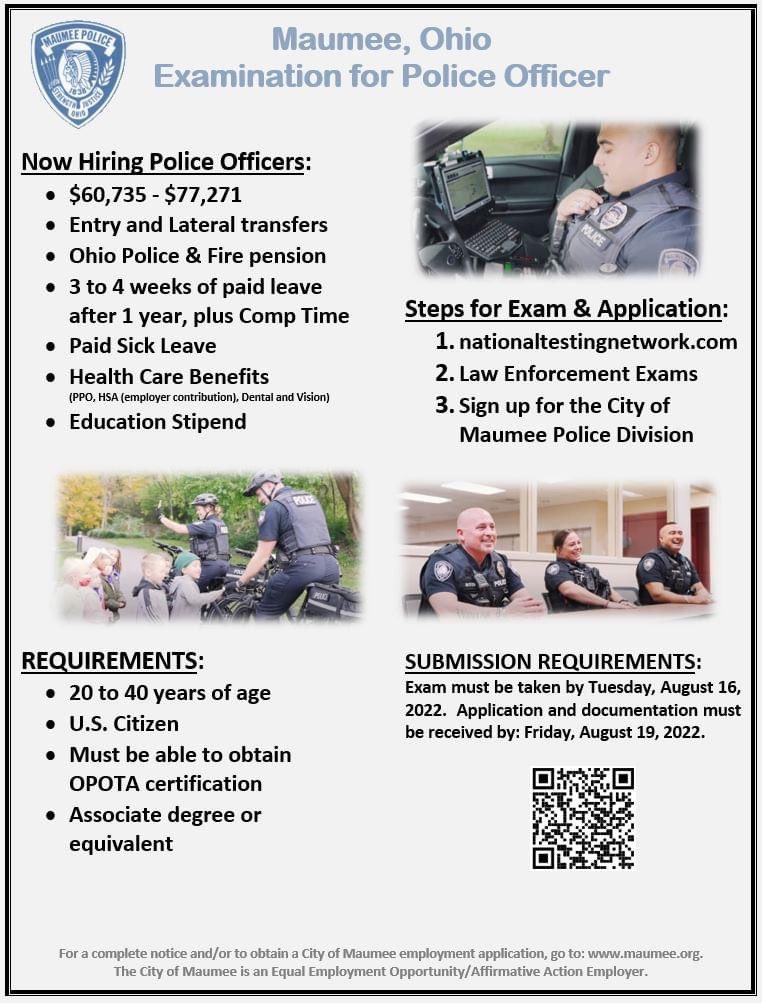 MaumeePolice's tweet photo. The Maumee Police Division is hiring for the position of Police Officer.  Lateral entry will be considered and OPOTA Police Certificate not required to apply.  Follow link for more details:  https://t.co/CPNDcaMRAd. #hiring #police https://t.co/MwXo1VaxQH