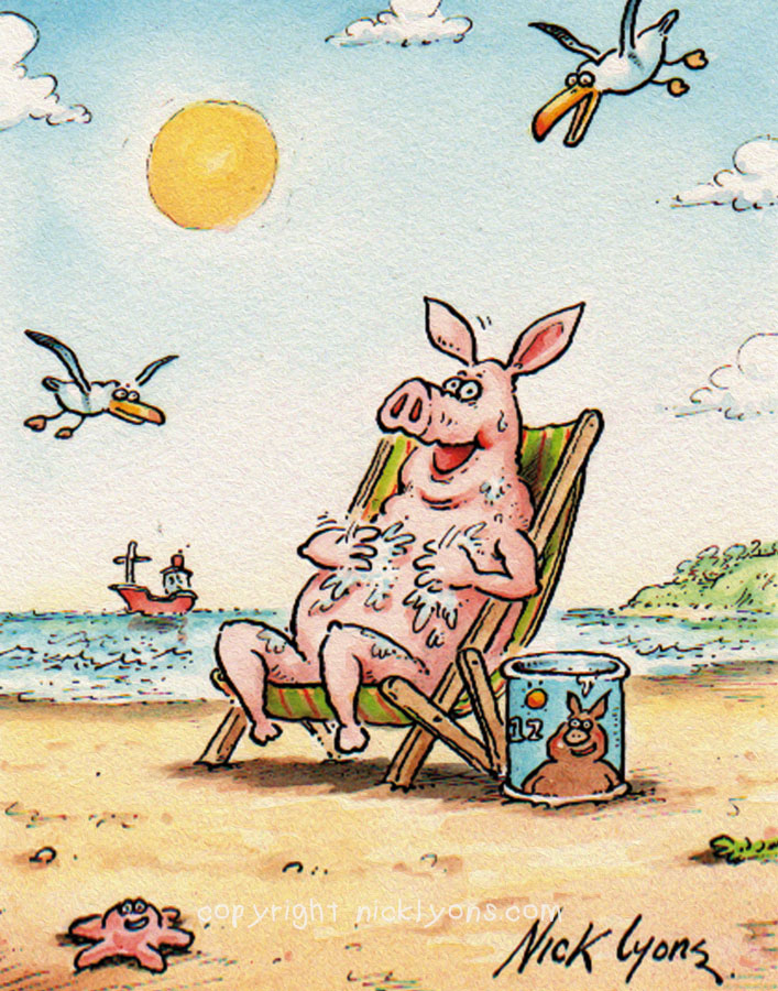 nicklyonsart's tweet photo. #UKHeatwave Tips. Pesky the Pig uses plenty of suncream" 
#peskytips #sunblock https://t.co/wMZk4qS6Ss