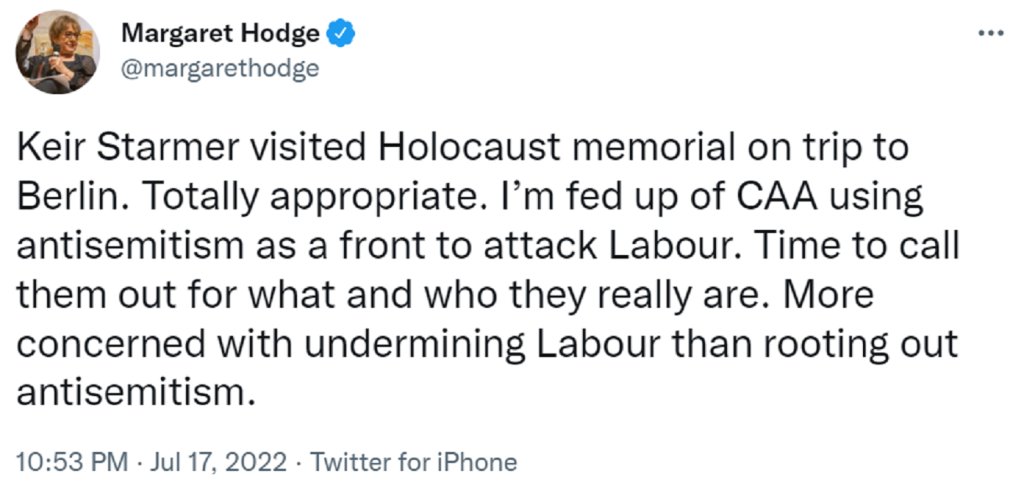 In 2020, Margaret Hodge said it was right for Starmer to withdraw the whip from Corbyn for saying some antisemitism accusations and reporting on them might be politically motivated. Don't hold your breath for the party to do the same to her now...